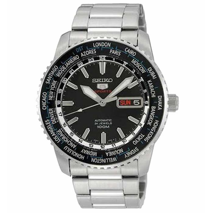 Seiko 5 Sports SRP127K1 World Time Silver Black Men's Watch