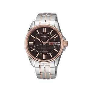 Seiko SRP406J Automatic Day Date Black Dial Rose Gold Bezel Stainless