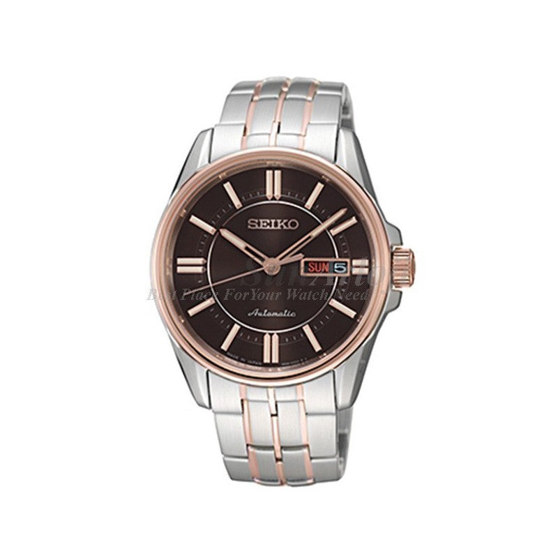 Seiko SRP406J Automatic Day Date Black Dial Rose Gold Bezel Stainless