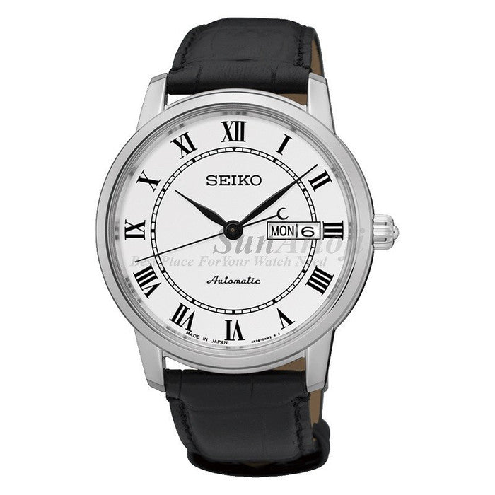 Seiko Presage SRP761J2 Automatic Day and Date White Dial Black Leather Strap Men's Watch