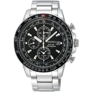 Seiko Solar Chronograph SSC009P1 Dual Time Black Dial Silver