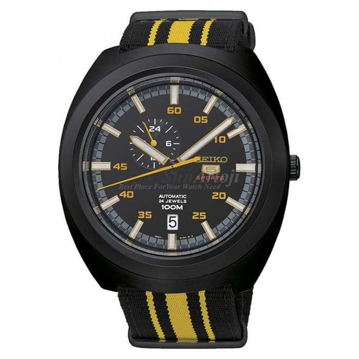 Seiko 5 Sports SSA289K1 Automatic Black Dial Yellow Line Nylon Strap Men's Watch